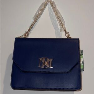Badgley Mischka Chic Navy Blue/ Cream Shoulder Bag with Gold Chain/faux pearls